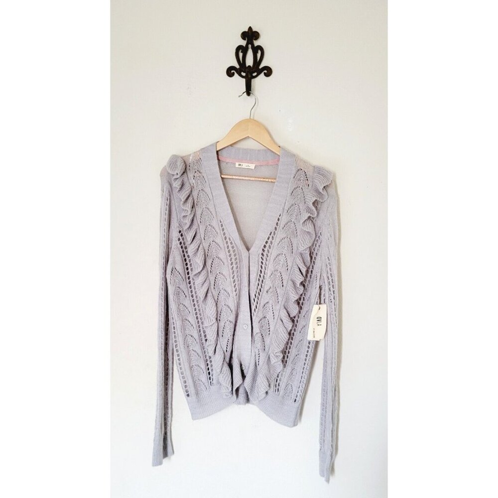 NWT Anthropologie OLVA XLarge Gray Frilly Sweater Cardigan Coquette